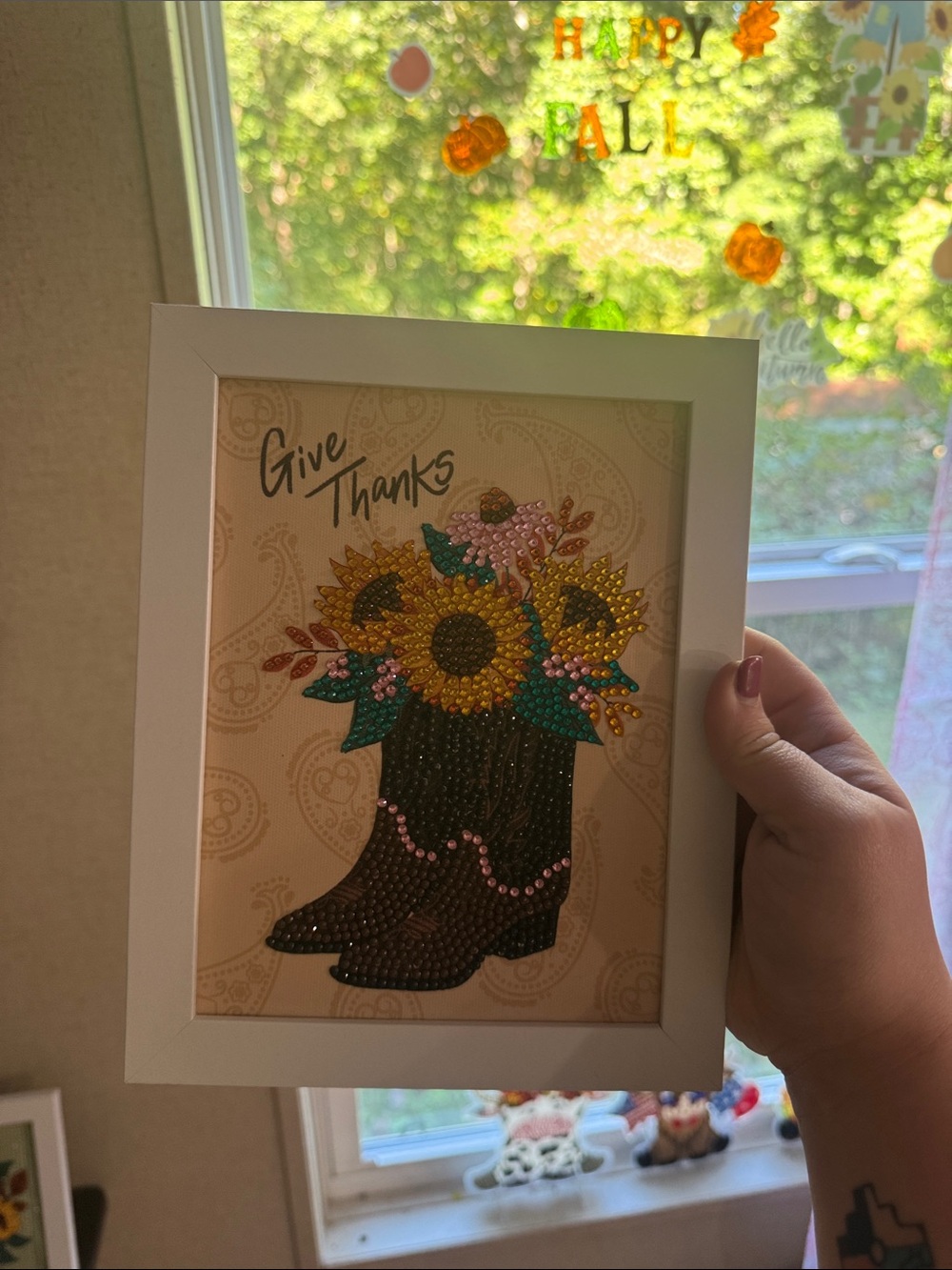 Give Thanks Sunflower Boot Art Print - White Frame Completed Diamond Art from HL